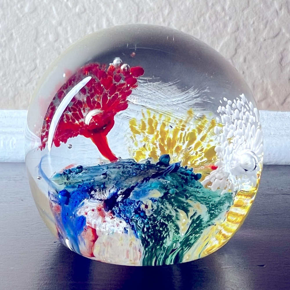 Vintage Murano Style Glass Ball Paperweight, Exploding Flowers, Fireworks